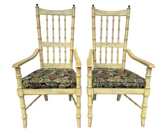 Set of 2 Faux Bamboo Armchairs with Spindles & Finials by Stanley Furniture - 1970s Vintage Pair Coastal Palm Beach Dining Accent Arm Chairs