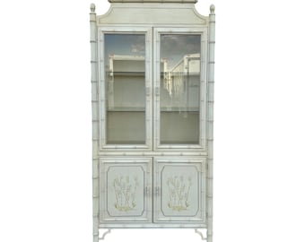 Vintage Faux Bamboo China Cabinet by Dixie Aloha - Creamy White Illuminated Chinoiserie Lighted Glass Display Case Hollywood Regency Style