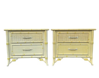 Set of 2 Faux Bamboo Nightstands by Stanley FREE SHIPPING - Vintage Rattan Wicker Chinoiserie Hollywood Regency Coastal Yellow End Tables