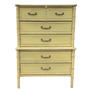 Henry Link Bali Hai Tallboy Dresser - 1970s Vintage Yellow Wash Two Tier Faux Bamboo Chest of 5 Drawers Hollywood Regency Coastal Furniture