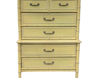 Henry Link Bali Hai Tallboy Dresser - 1970s Vintage Yellow Wash Two Tier Faux Bamboo Chest of 5 Drawers Hollywood Regency Coastal Furniture