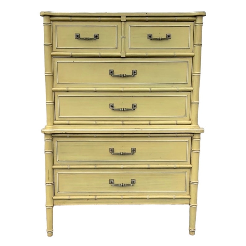 Henry Link Bali Hai Tallboy Dresser 1970s Vintage Yellow Wash Two Tier Faux Bamboo Chest of 5 Drawers Hollywood Regency Coastal Furniture image 1
