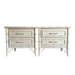 SOLD Set of 2 Faux Bamboo Nightstands by Dixie Aloha FREE SHIPPING - 1970s Vintage Creamy White Hollywood Regency Coastal Chinoiserie Tables