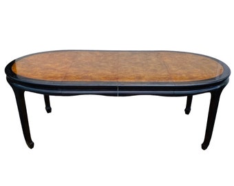 Chinoiserie Dining Table with Leaves 84x38 Oval by Century Chin Hua - Vintage Two Tone Black & Burl Wood Hollywood Regency Asian Style