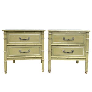 Henry Link Nightstands Set of 2 - Original Vintage Green Bali Hai Faux Bamboo End Tables Pair Hollywood Regency Chinoiserie Coastal