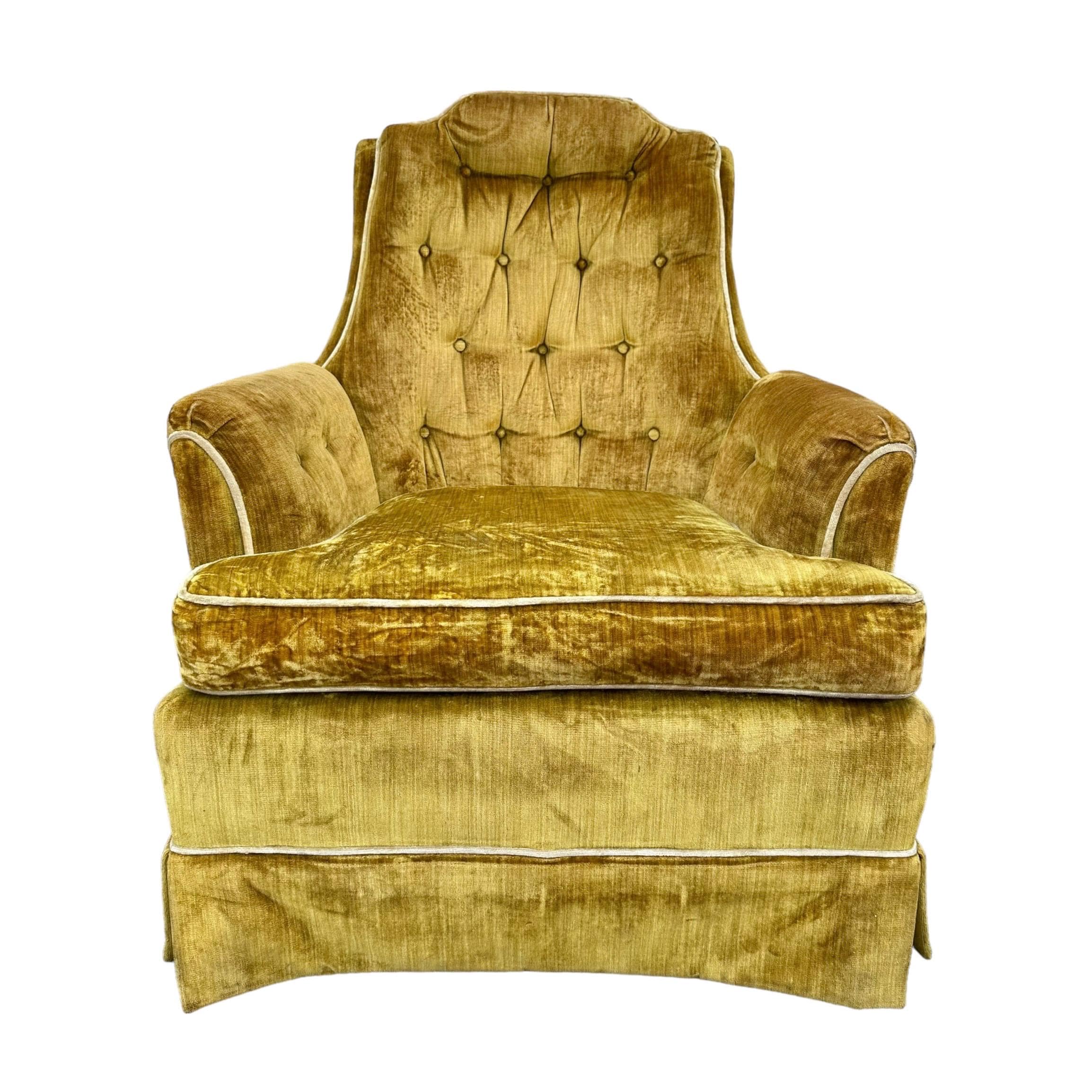 Tufted Velvet Lounge Chair Vintage Mid Century Golden Green Crushed Fabric Mustard Chartreuse Upholstered MCM Accent High Back Armchair