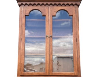 Vintage Solid Wood Display Cabinet Hutch - Traditional Oak, Arched Doors, Tudor Scalloped Trim, Glass Shelves