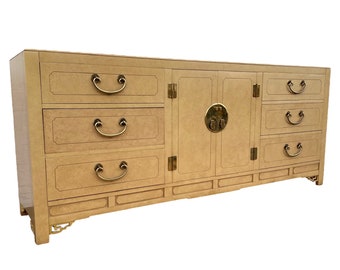 Chinoiserie Dresser with 9 Drawers by White Furniture 75" Long - Vintage Tan & Gold Asian Style Hollywood Regency Credenza