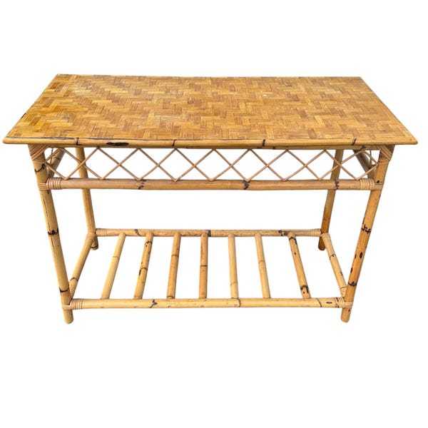 Vintage Bamboo Console Table 43” - Herringbone Rattan Wicker Entry Sofa Hollywood Regency Coastal Boho Chic Furniture