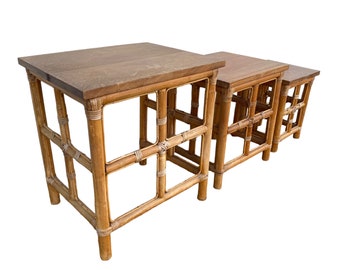 Bamboo Nesting Tables FREE SHIPPING Set of 3 Vintage Boho Rattan & Wood Coastal Chic Furniture