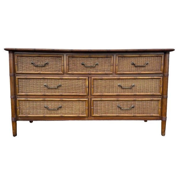 Rattan Dresser with 7 Drawers by Dixie - Vintage Faux Bamboo Wood & Wicker Hollywood Regency Coastal Credenza Furniture