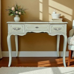 SOLD Henry Link French Provincial Vanity Table with Mirror – Vintage Green Makeup Desk & Storage, Elegant Cabriole Legs, Romantic Cottage