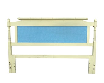 Faux Bamboo Queen Headboard - Vintage Coastal Yellow & Blue Bedroom Furniture
