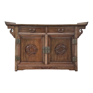 Vintage Chinoiserie Buffet Server with Pagoda Table Top Made of Solid Wood with Asian Style Carvings - Oriental Accent Sideboard Cabinet