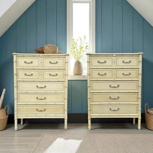 Set of 2 Henry Link Bali Hai Tallboy Dressers - Vintage Creamy White Faux Bamboo 5 Drawer  Chests - Hollywood Regency Coastal Chinoiserie