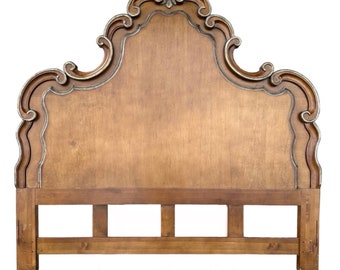 Vintage King Headboard with Elegant Wood Carvings and Gold Details 76" Tall - French Provincial Style Bedroom Furniture