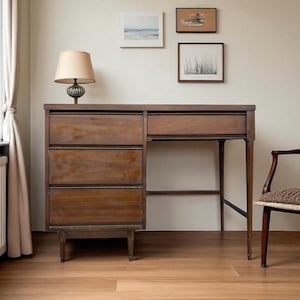 Vintage Mid Century Modern Wood Desk with 4 Drawers - MCM Writing Table with Laminated Top - Retro Office Furniture
