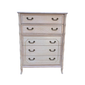 Faux Bamboo Tallboy Dresser Chest with 5 Drawers by Broyhill - Vintage White Wash Hollywood Regency Palm Beach Coastal Rattan Furniture