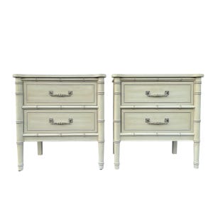 SOLD Henry Link Nightstands Set of 2 -Original Vintage Creamy White Bali Hai Faux Bamboo End Tables Pair Hollywood Regency Chinoiserie Style