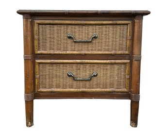 Vintage Rattan Nightstand by Dixie FREE SHIPPING - Brown Faux Bamboo Wood and Wicker Hollywood Regency Coastal Boho Chic Style Furniture