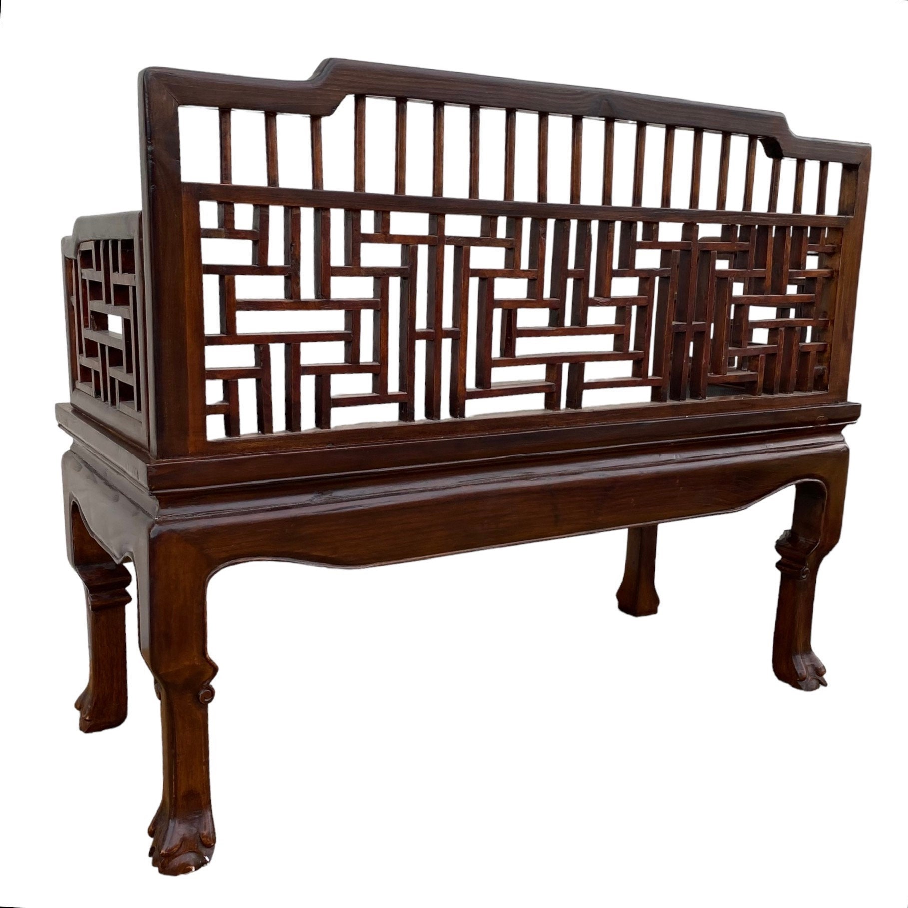 Early 20thc Ebonized and Carved Sitting Bench Chinoiserie