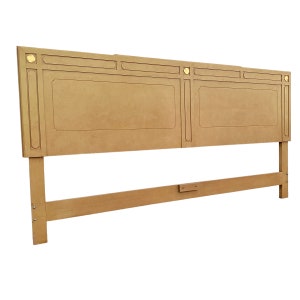 Vintage Chinoiserie King Headboard in Tan and Gold Brass Details - Asian Style Bedroom Furniture