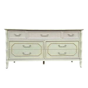 Vintage Broyhill Faux Bamboo Dresser 60&quot; - Creamy White Hollywood Regency Coastal Bedroom Furniture