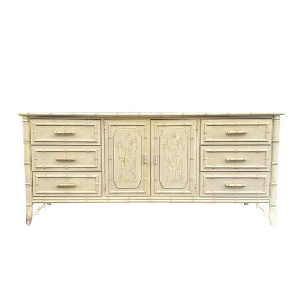 Vintage Faux Bamboo Dresser with 9 Drawers by Dixie Aloha - 72" Long Creamy White Fretwork Hollywood Regency Coastal Boho Chic Credenza