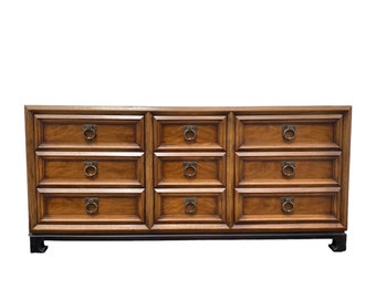 Chinoiserie Dresser with 9 Drawers by Thomasville with Two Tone Wood & Black Base 68" Long - Vintage Asian Ming Style Credenza