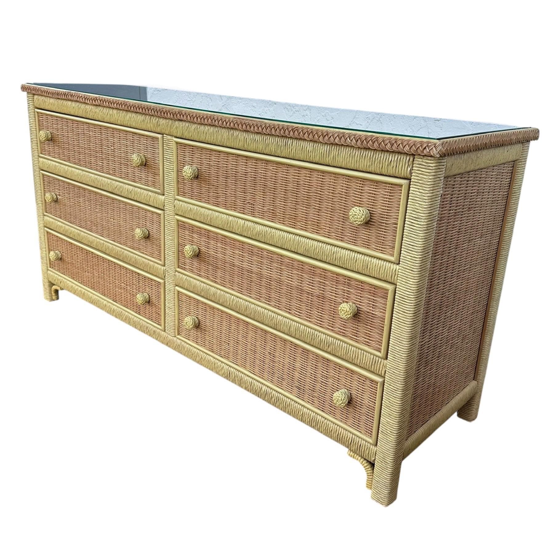 【希少】Henry Link ヴィンテージ6ドロワー チェスト 高級無垢材 収納 Henry Link Wicker Dresser With 6 Drawers - Vintage Wrapped Rattan