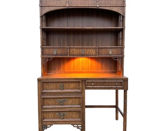 Faux Bamboo Desk and Lighted Bookcase by Dixie ShangriLa - Rare 2 Piece Vintage Chinoiserie Wood Hollywood Regency Bookshelf Hutch Furniture
