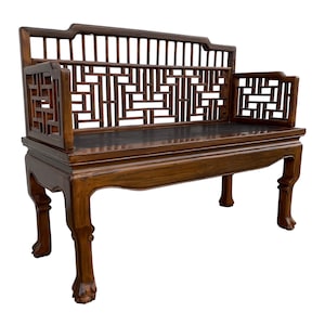 Asian Fretwork Bench 43&quot; - Vintage Chinese Chippendale Carved Wood Oriental Settee Chair Chinoiserie Furniture