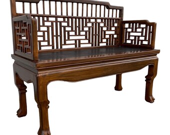 Asian Fretwork Bench 43" - Vintage Chinese Chippendale Carved Wood Oriental Settee Furniture