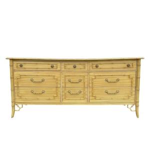 Vintage Faux Bamboo Dresser by Thomasville Allegro - 1970s Yellow & White Hollywood Regency Coastal Boho Chinoiserie 9 Drawer Credenza
