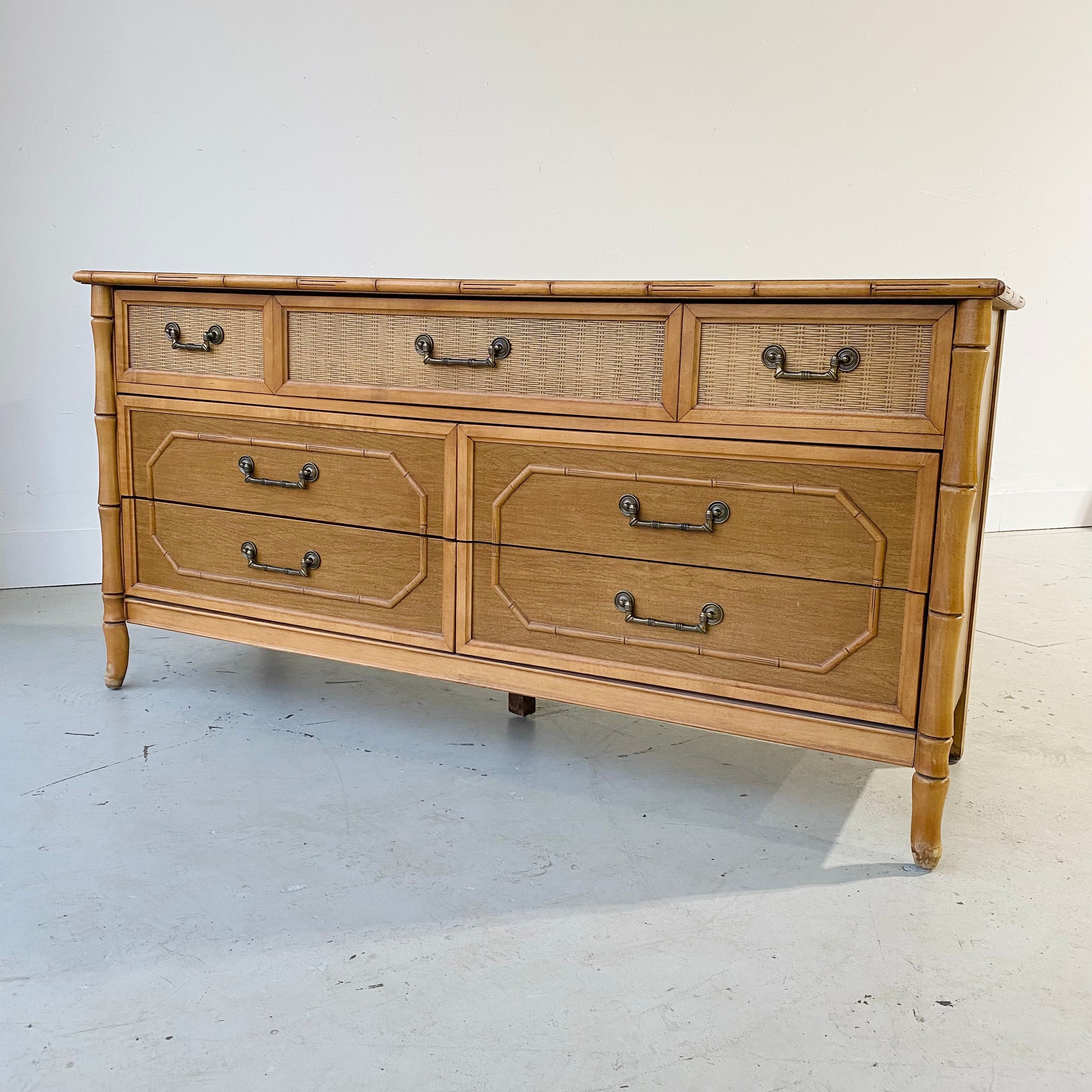 Vintage Faux Bamboo Dresser with 7 Drawers by Broyhill Hollywood