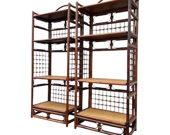 Set of 2 Vintage Bamboo Etagere Bookcases with Rattan Wicker Shelves - Pair of Hollywood Regency Coastal Display Shelving Units