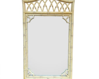 Faux Bamboo Fretwork Mirror 51x31 LOCAL PICKUP Vintage Thomasville Allegro Creamy Yellow Arched Curved Top Coastal Hollywood Regency