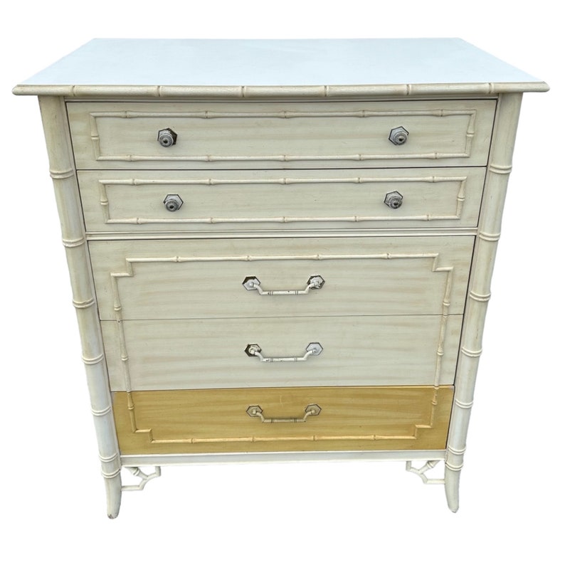 Vintage Faux Bamboo Tallboy Dresser by Thomasville Allegro Creamy White Chest of 5 Drawers Hollywood Regency Fretwork Coastal Chinoiserie image 8