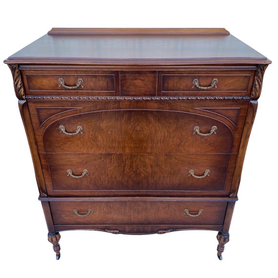 1930s Widdicomb Tallboy Dresser Chest of 4 Drawers With Burl Wood