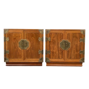 SOLD Chinoiserie Nightstands by Henredon Tansu FREE SHIPPING Set of 2 Vintage Burl Wood Brass Asian Hollywood Regency Campaign End Tables
