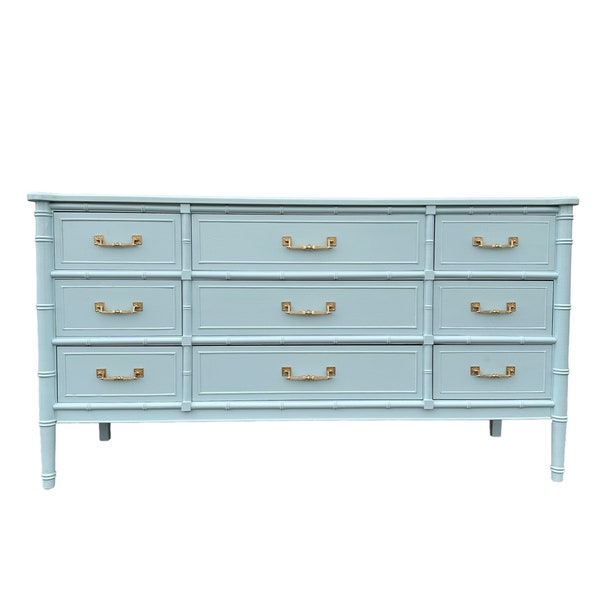 SOLD Henry Link Bali Hai Dresser Painted Surf Spray Blue & Brass Gold - 1970s Vintage 9 Drawer Credenza Hollywood Regency Coastal Table