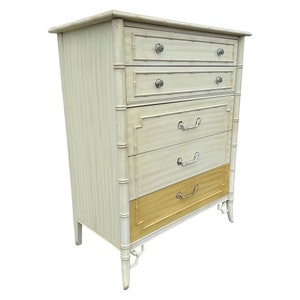 Vintage Faux Bamboo Tallboy Dresser by Thomasville Allegro Creamy White Chest of 5 Drawers Hollywood Regency Fretwork Coastal Chinoiserie image 2