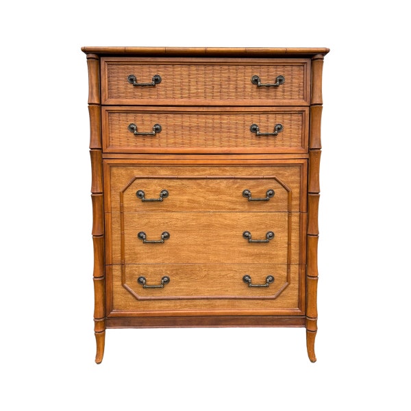 Faux Bamboo Tallboy Dresser Chest with 5 Drawers by Broyhill - Vintage Hollywood Regency Palm Beach Coastal Brown Wooden Rattan Furniture