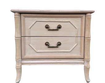 Vintage Faux Bamboo Nightstand by Broyhill - One White Wash Wood End Table Hollywood Regency Coastal Furniture