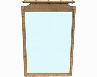 Faux Bamboo Mirror 43x29 LOCAL PICKUP Vintage Tan Wicker Henry Link Style Hollywood Regency Furniture