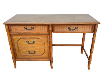 Faux Bamboo Desk with 4 Drawers by Broyhill - Vintage Brown Wooden Hollywood Regency Coastal Style