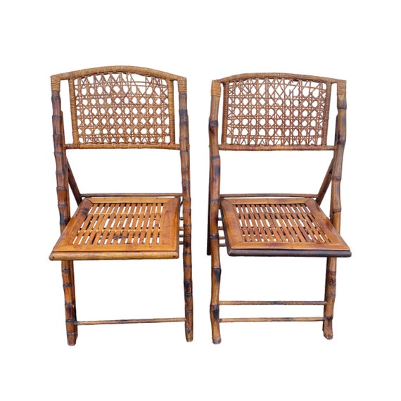 Bamboo Folding Chairs Project With Rattan Cane Backs Set of 2 Vintage Hollywood Regency Coastal Palm Beach Patio Furniture Etsy