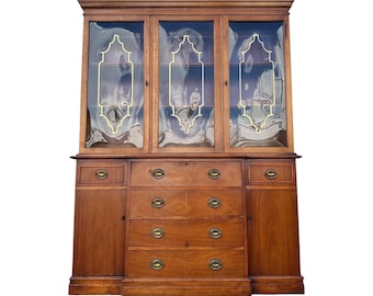Vintage Breakfront China Cabinet With Bubble Glass & Gold Pagoda