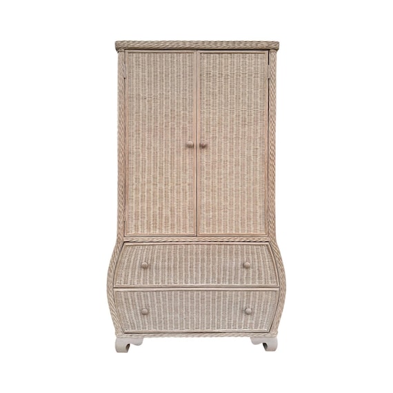 Vintage Wicker Armoire Wardrobe - Whitewash Rattan Coastal Clothing Cabinet, Nursery Boho Bedroom Storage with Large Drawers