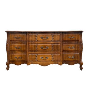 French Provincial Dresser with 9 Drawers by Sherrill Furniture 64" Long - Vintage Carved Cherry Wood Louis XV Country Shabby Chic Credenza